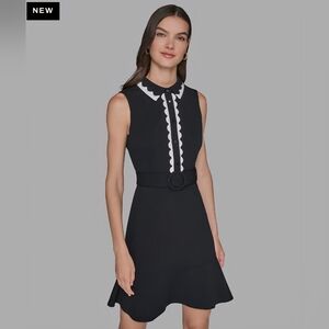 KARL LAGERFELD SCUBA CREPE A-LINE DRESS WITH SCALLOP TRIM